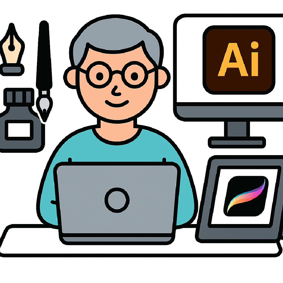 2D illustration of Paul doing graphic design