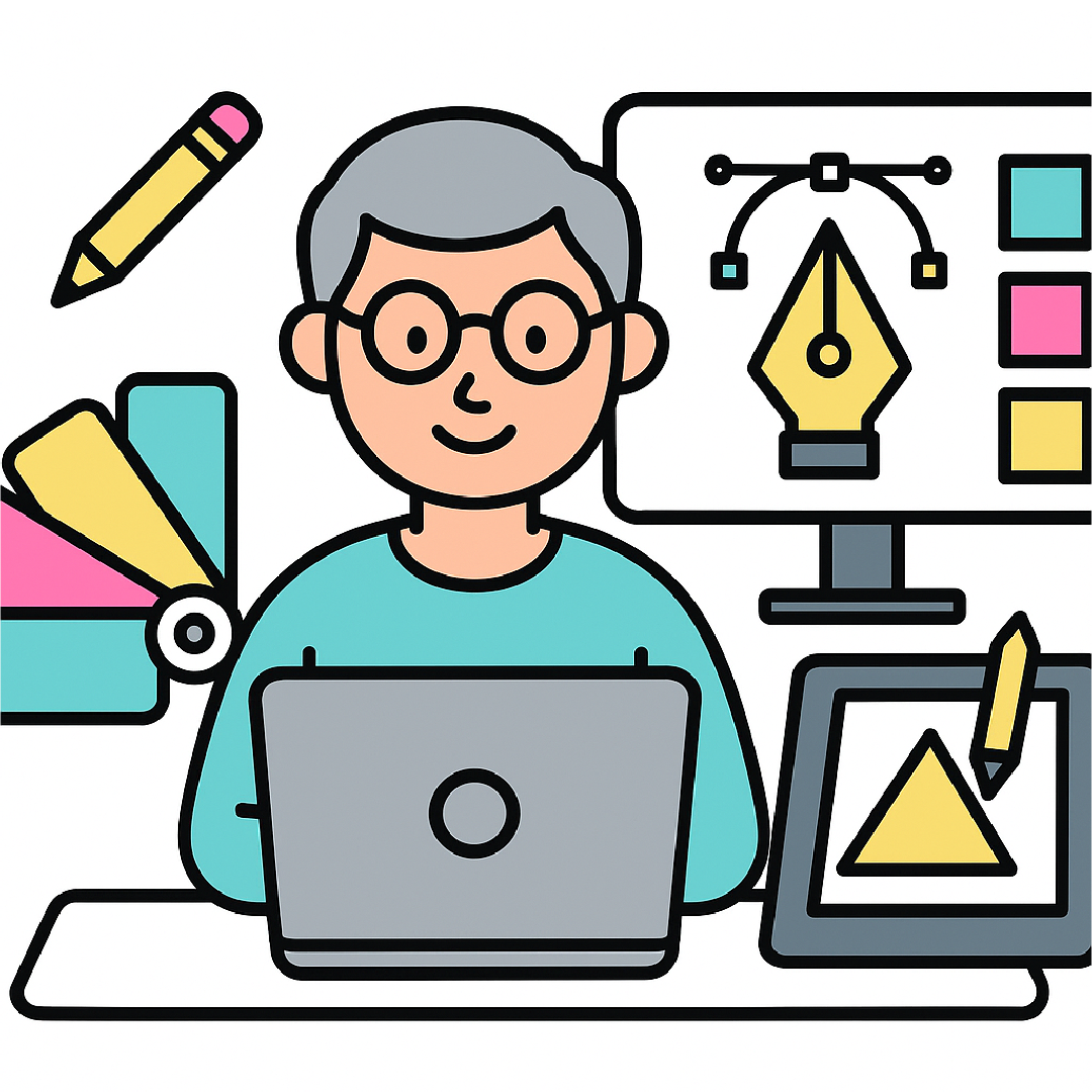 2D illustration of Paul doing graphic design
